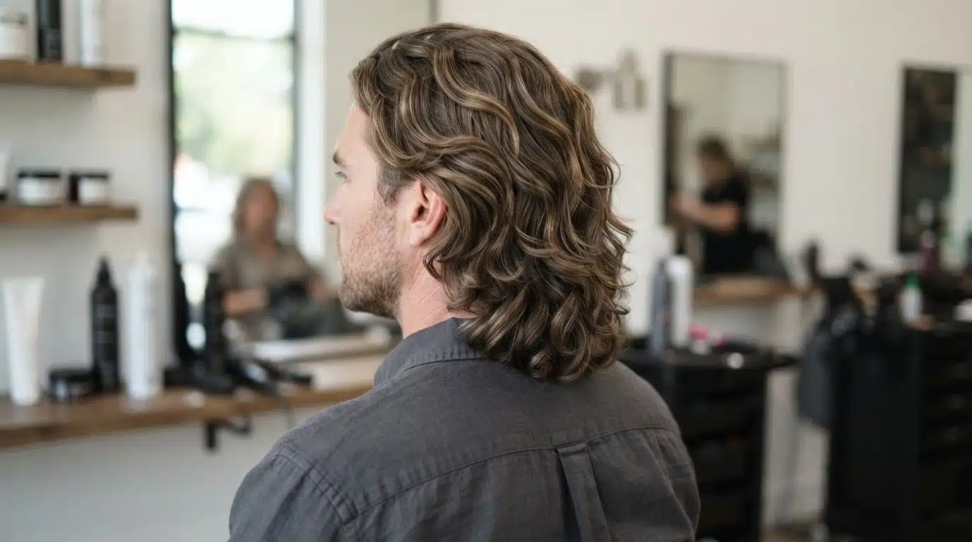 white american man with layered body wave perm separated waves through medium long hair