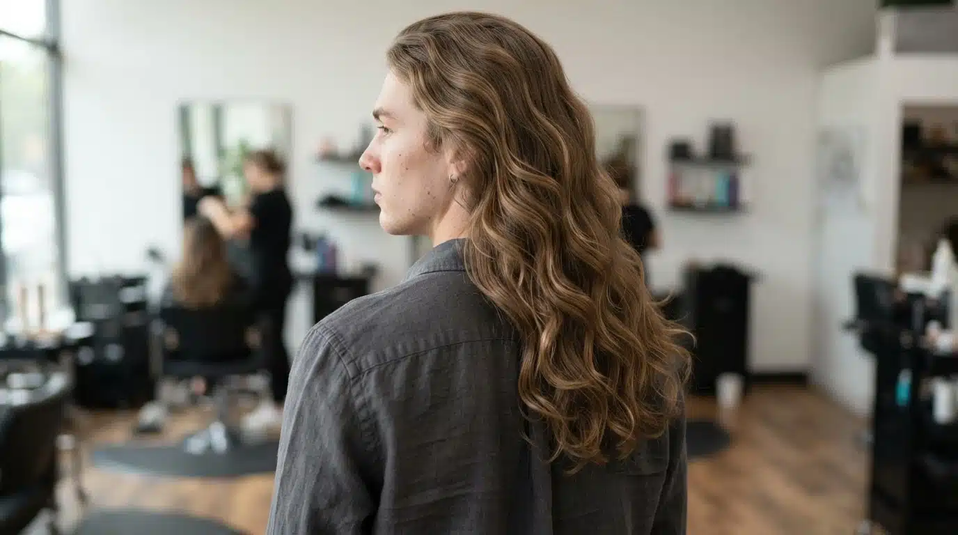 white american man with long body wave perm flowing waves through layered lengths in salon