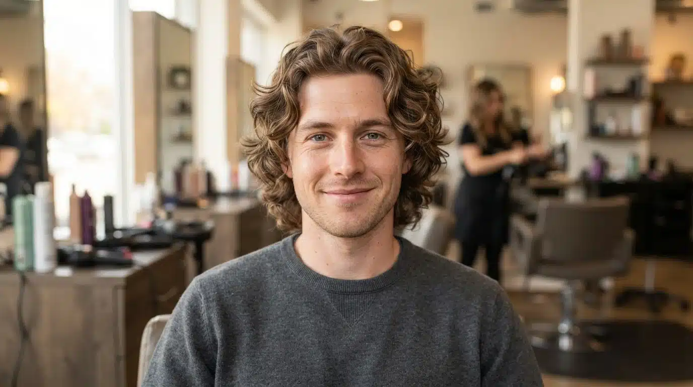 white american man with medium body wave perm loose waves and natural movement in salon