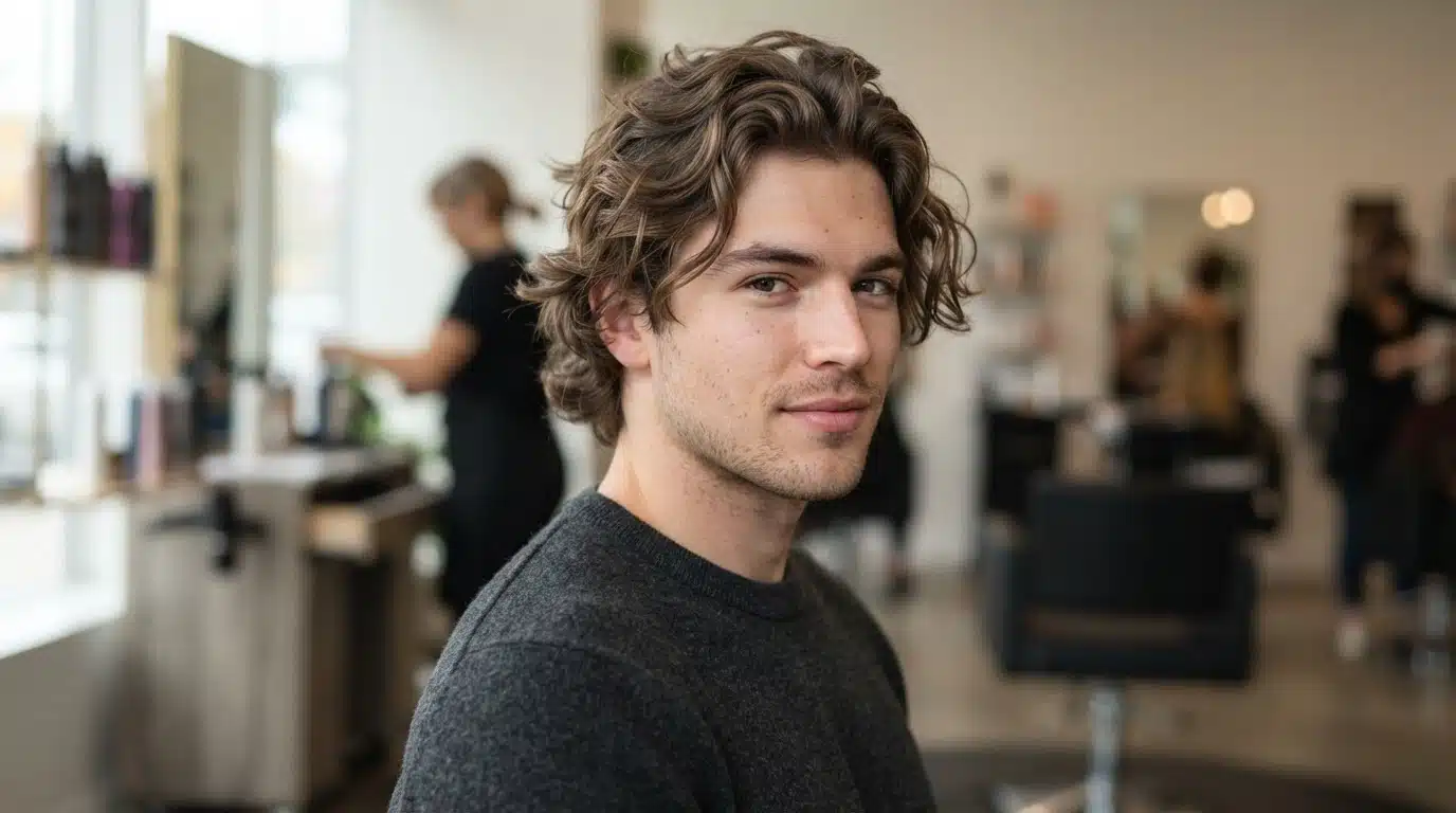 white american man with messy body wave perm tousled loose waves and texture in salon