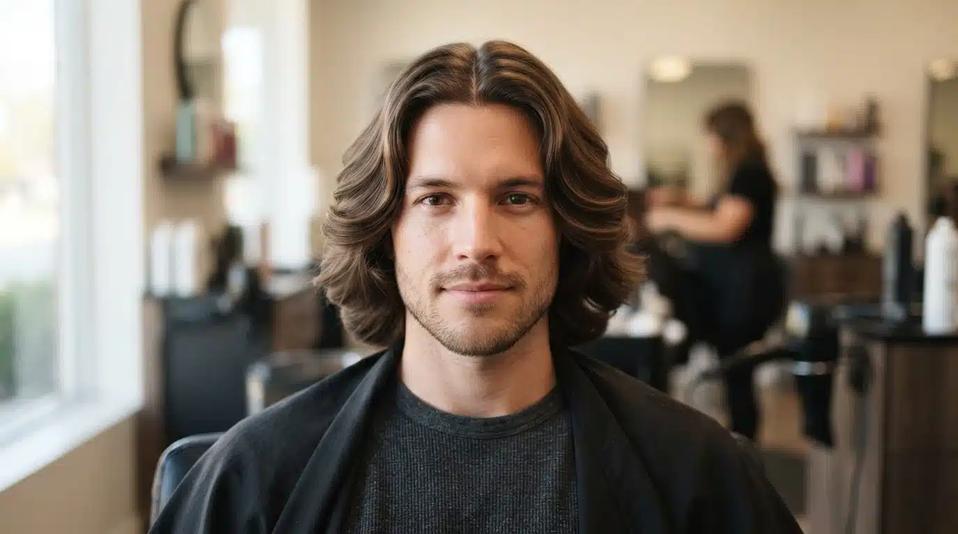 white american man with middle part body wave soft waves framing the face in salon