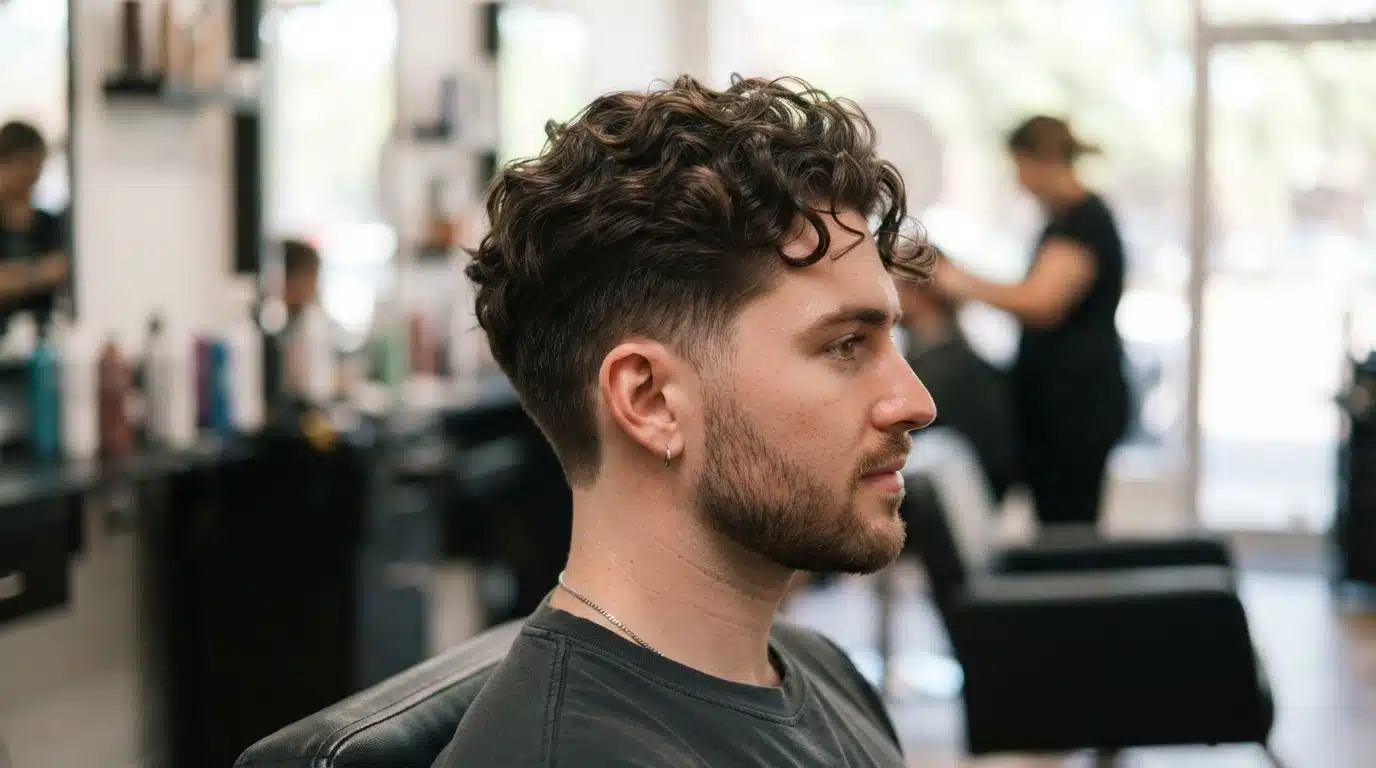 white american man with short body wave perm lifted texture and trimmed sides in salon