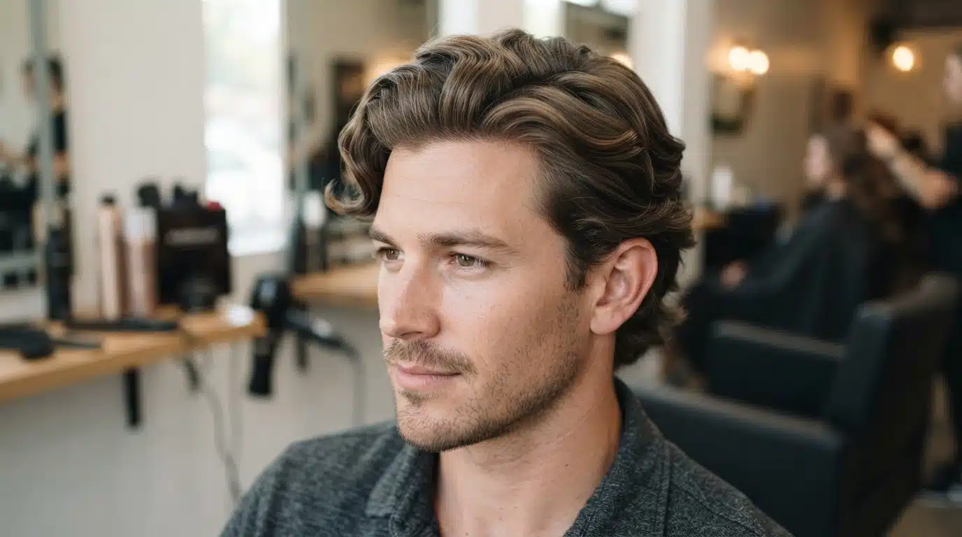 white american man with side part body wave soft waves and controlled volume in salon