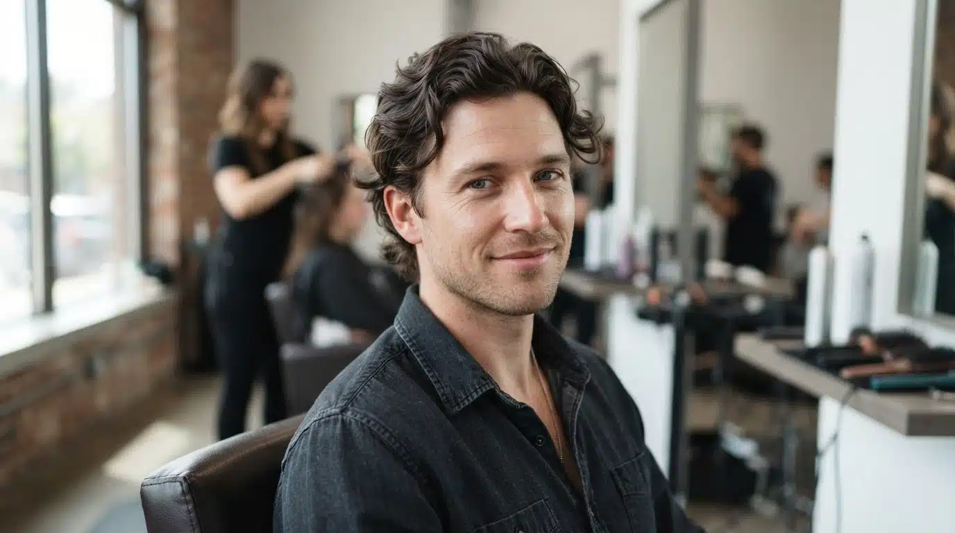white american man with subtle natural body wave gentle bends and light volume in salon