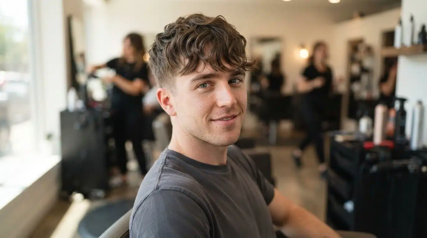 white american man with textured fringe body wave piecey bends across forehead in salon
