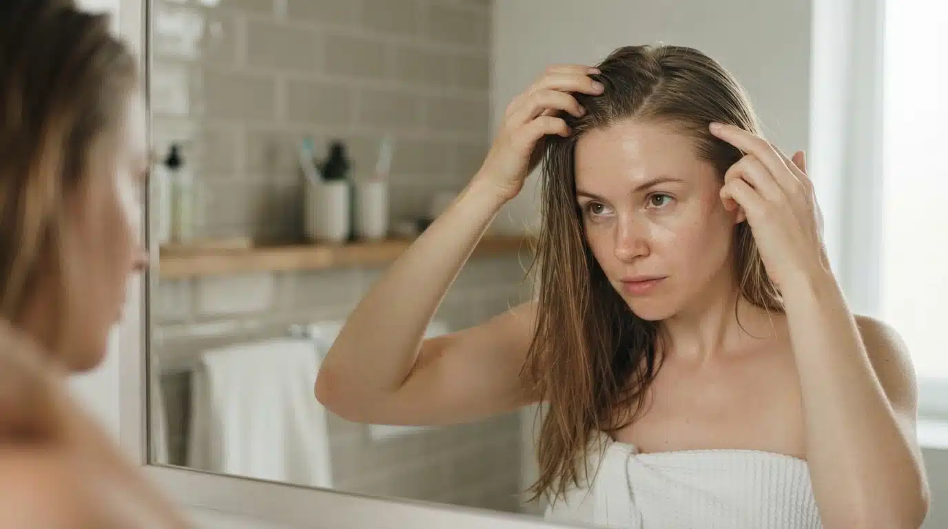 white american woman checking oily hair roots before washing