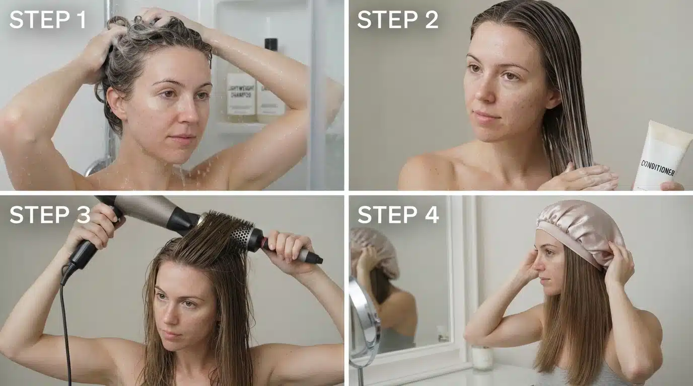 white american woman hair care routine steps for fine straight 1a hair