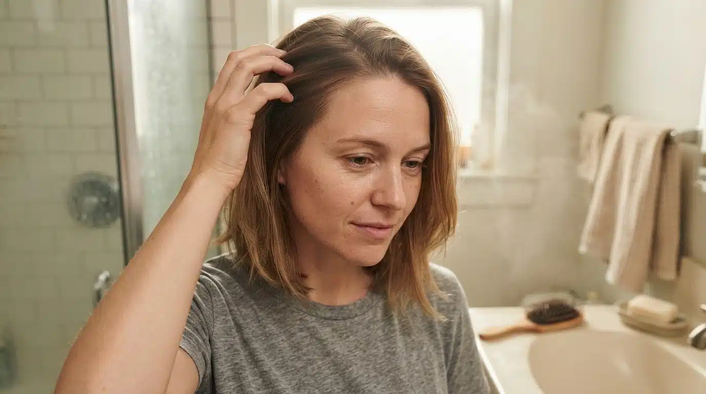white american woman preparing to wash greasy roots based on scalp needs