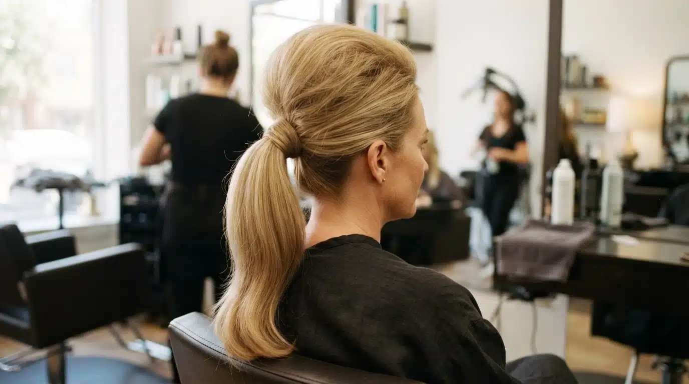 white american woman with 1960s high ponytail volume