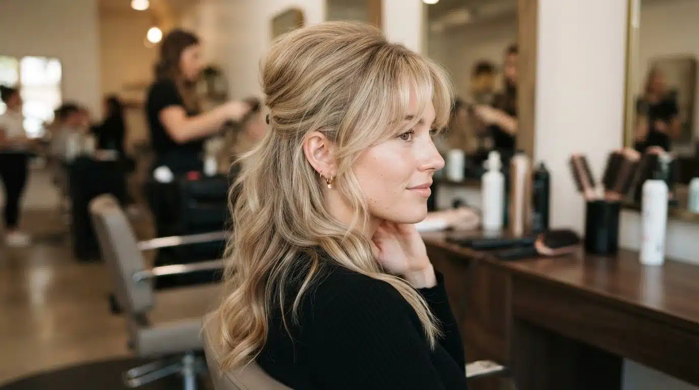 white american woman with bardot inspired half up hair
