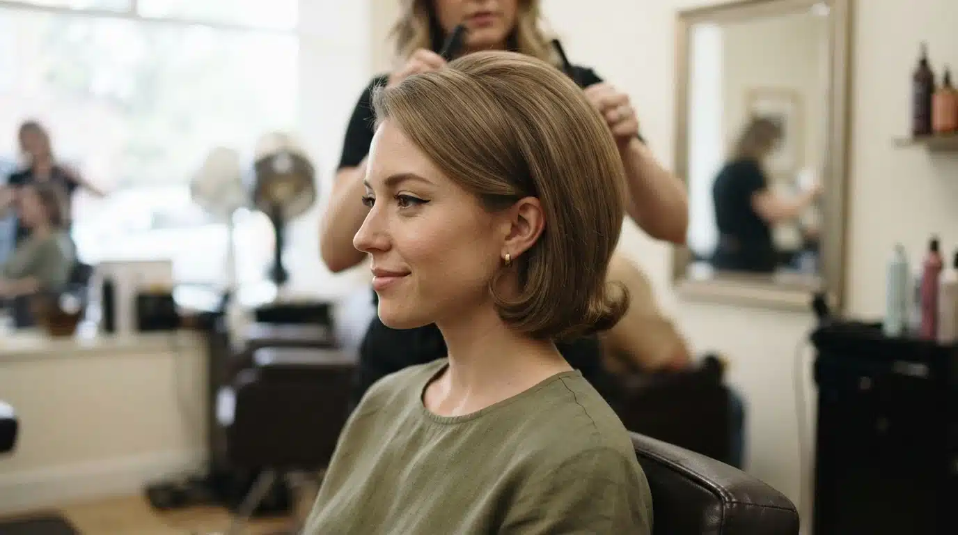 white american woman with classic 1960s pageboy hairstyle