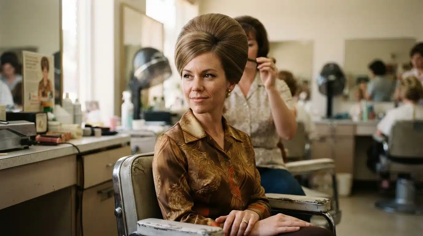 white american woman with classic beehive hairstyle in salon