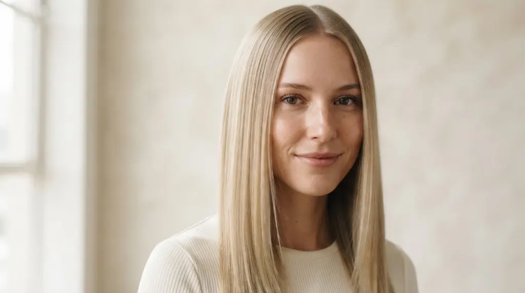 white american woman with fine silky straight 1a hair texture and natural face details