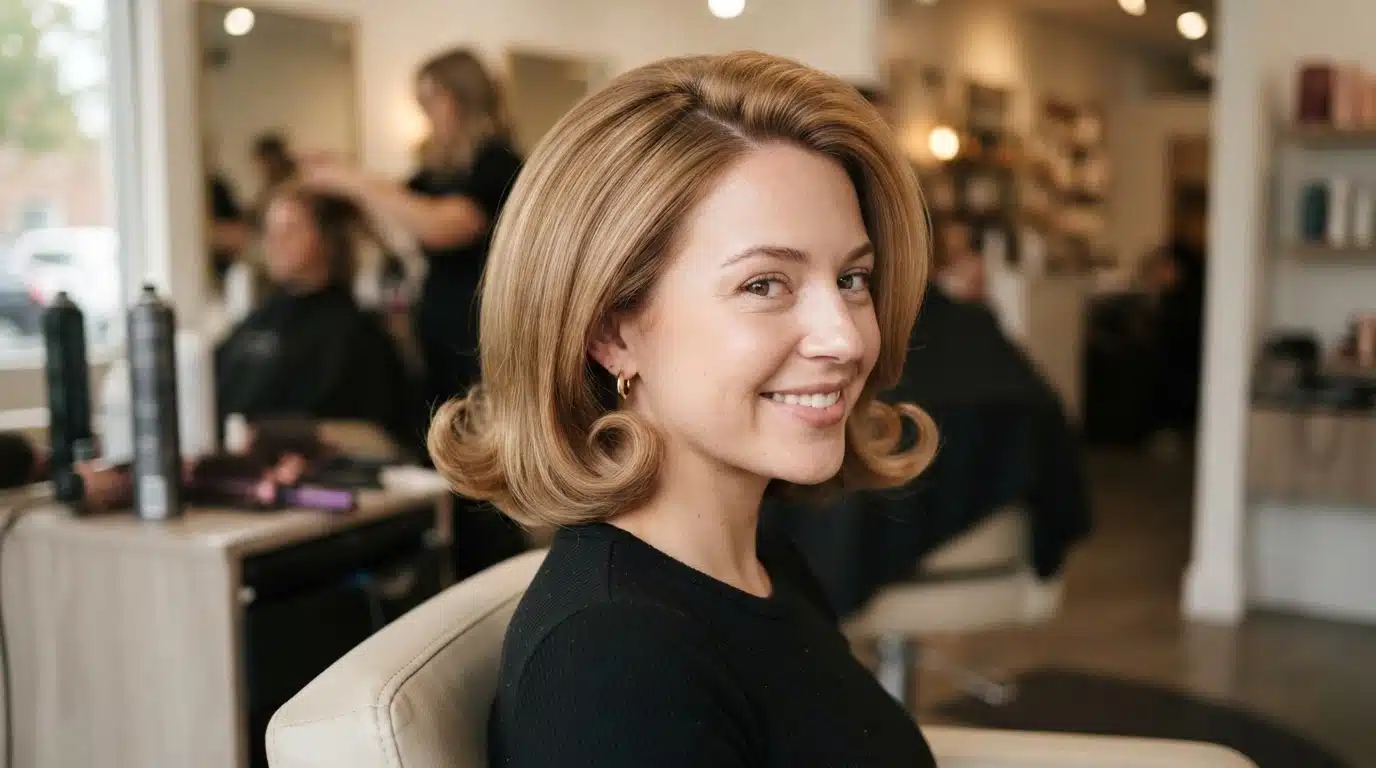 white american woman with flipped bob hairstyle in salon