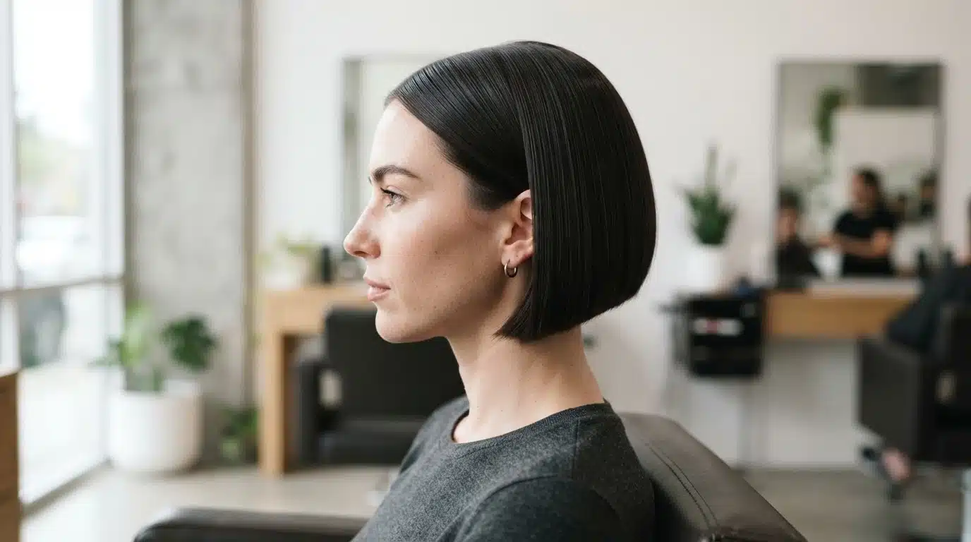 white american woman with geometric bob haircut