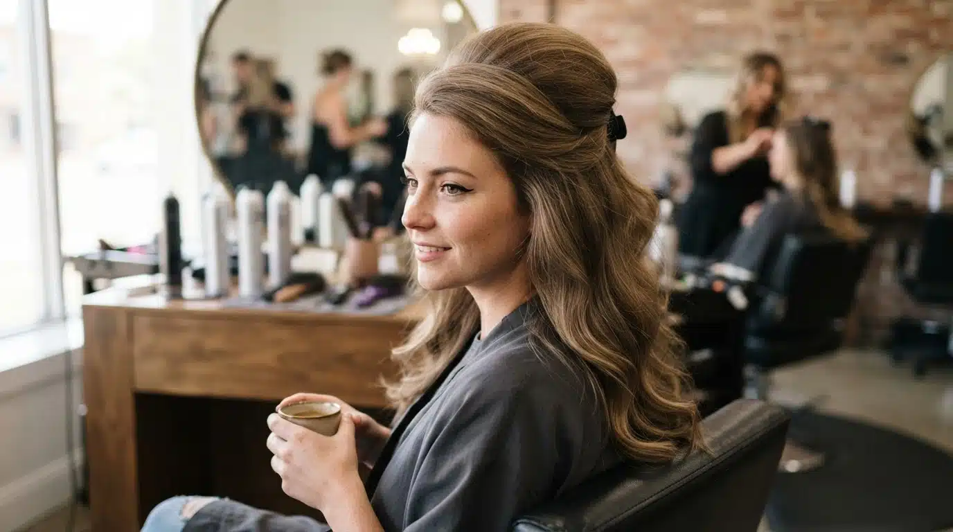 white american woman with half up bouffant hairstyle