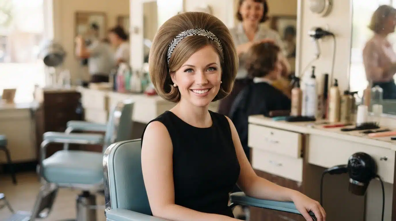 white american woman with headband bouffant retro hairstyle
