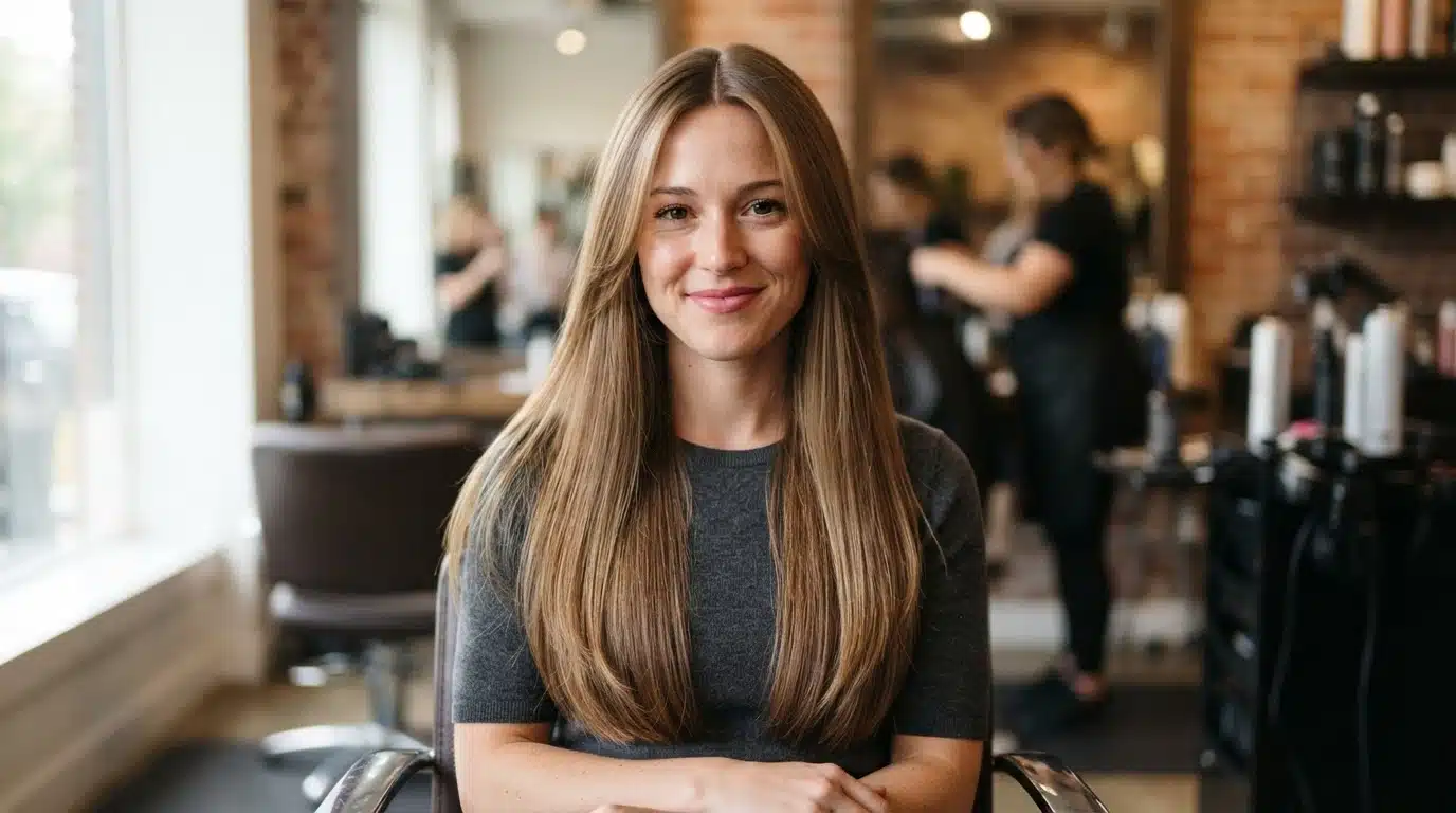 white american woman with long center parted 1960s hair