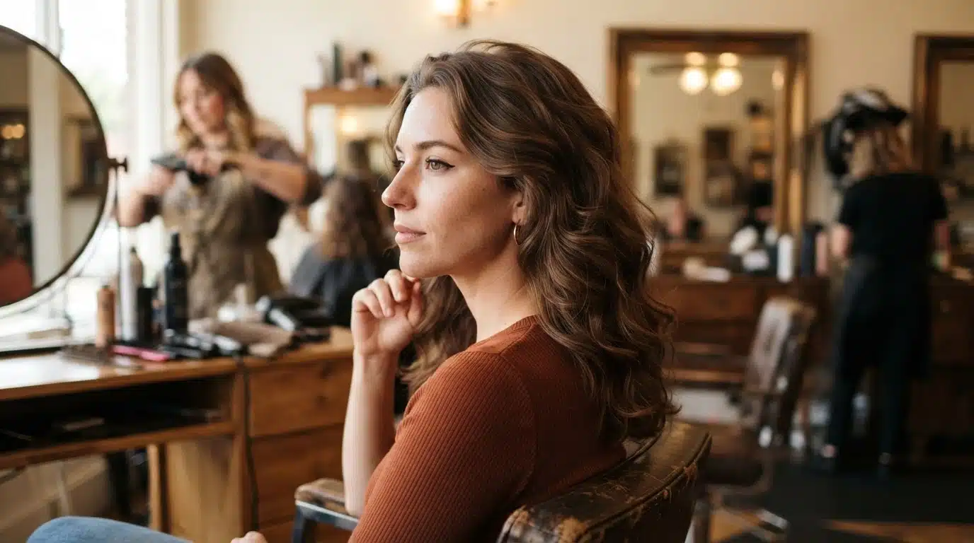 white american woman with loose late 1960s waves hairstyle