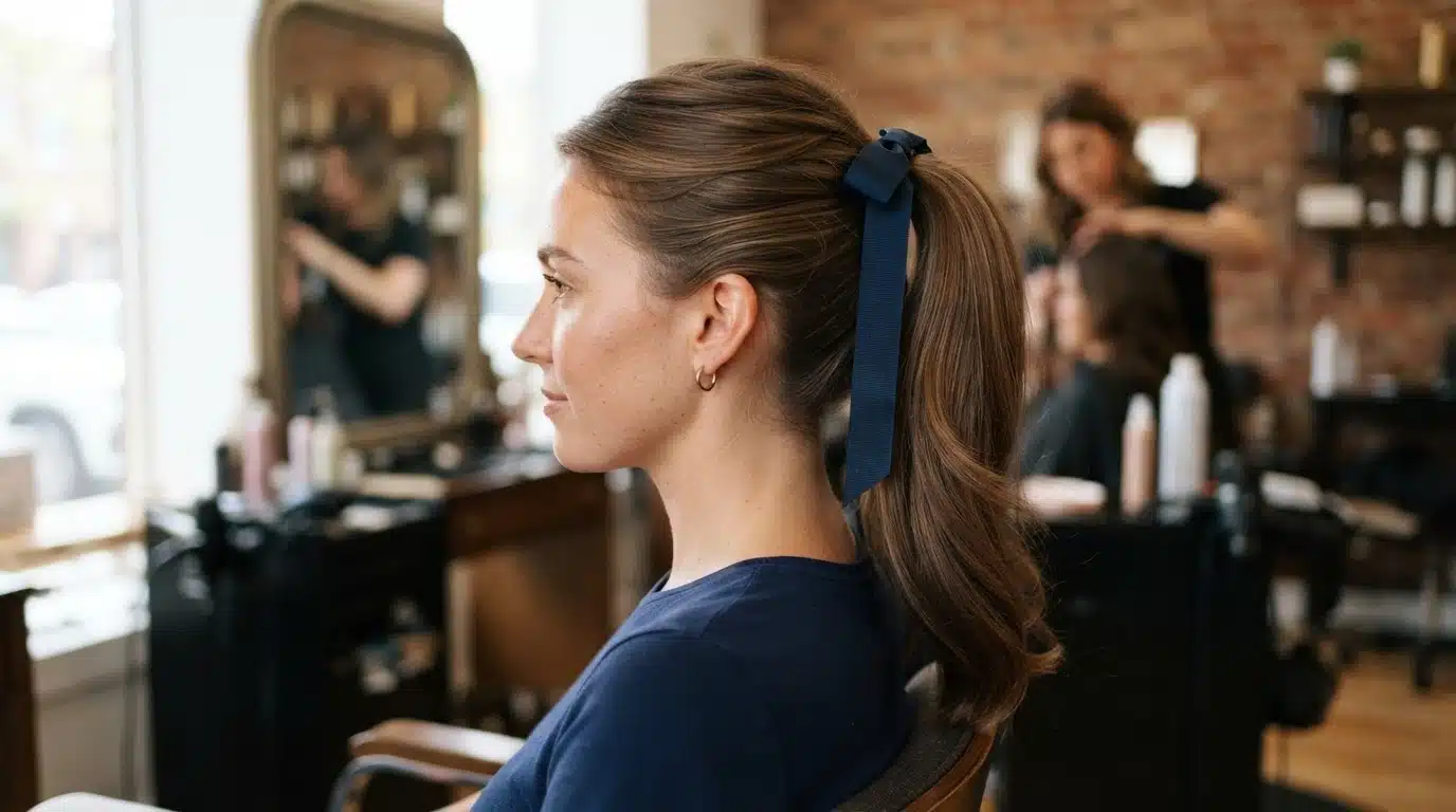 white american woman with ribbon ponytail 1960s hairstyle