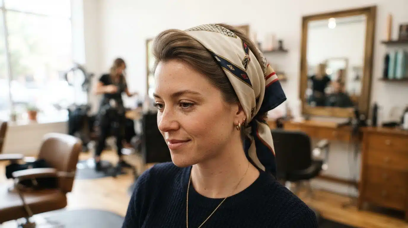 white american woman with scarf wrapped 1960s hairstyle in salon