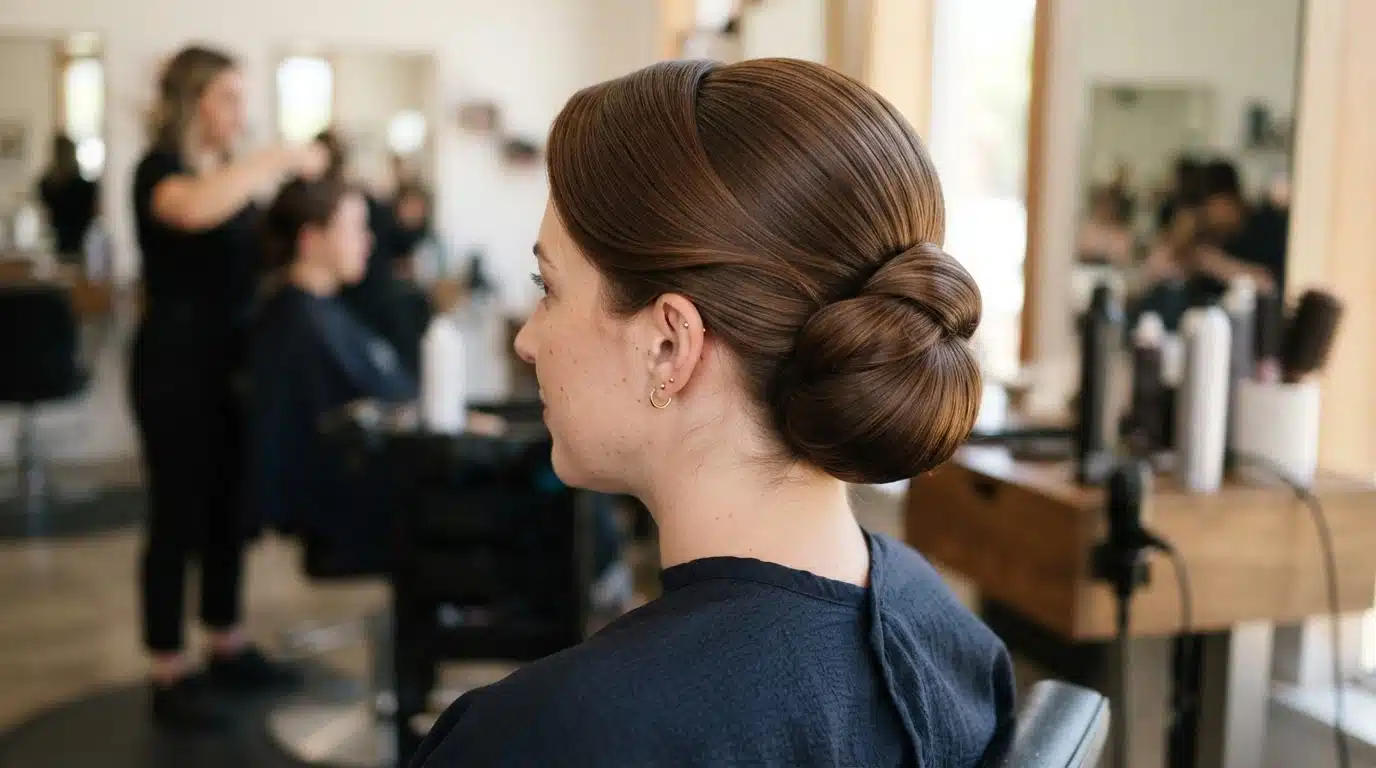white american woman with sculpted 1960s chignon hairstyle