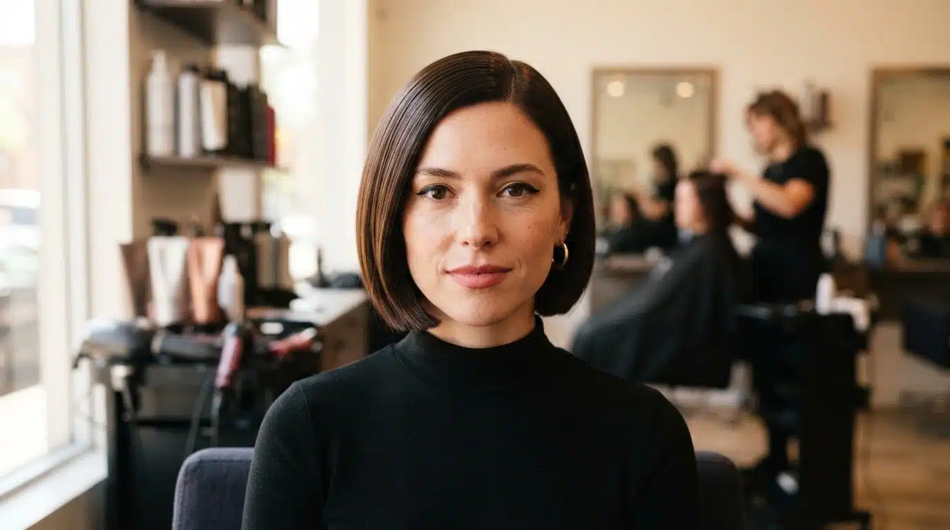 white american woman with sleek mod bob hairstyle
