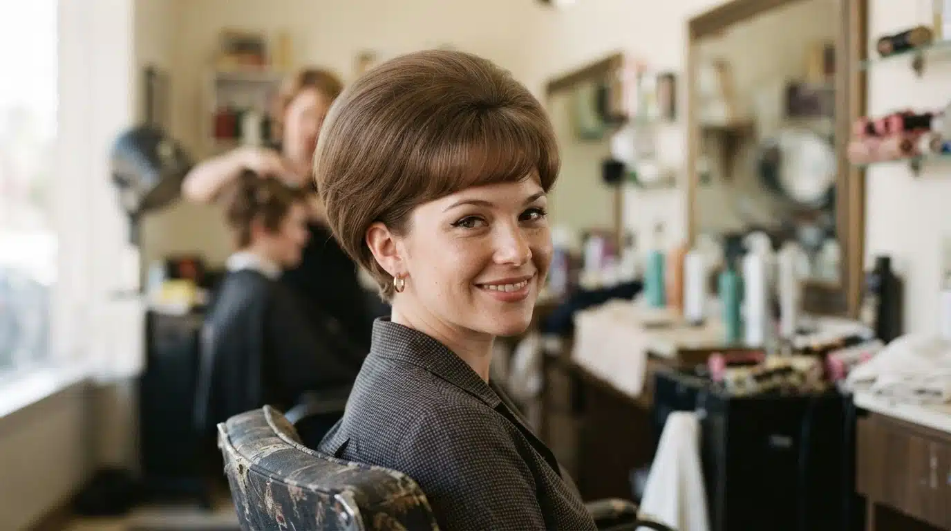 white american woman with soft bouffant hair in salon