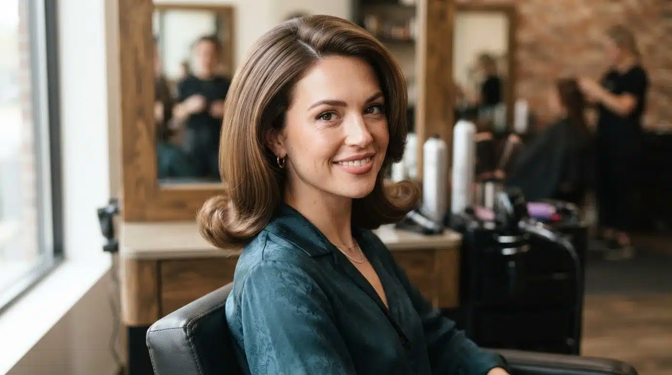 white american woman with soft shoulder length flip hair
