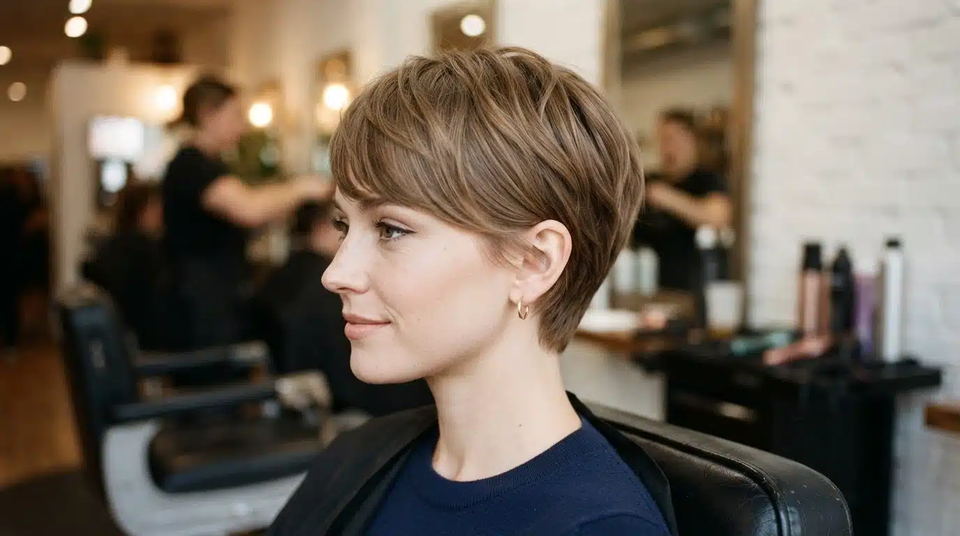white american woman with twiggy inspired pixie hairstyle