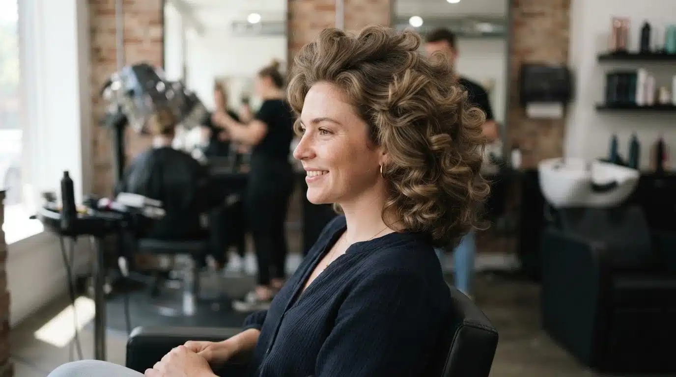 white american woman with voluminous 1960s curls hairstyle