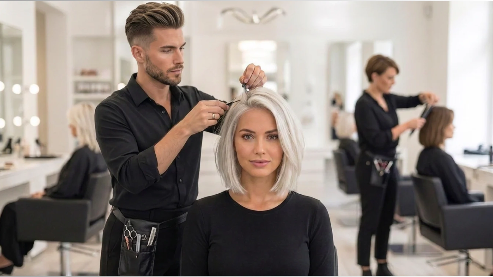 white hair bob haircut styling in a professional salon with hairstylist working on short hair