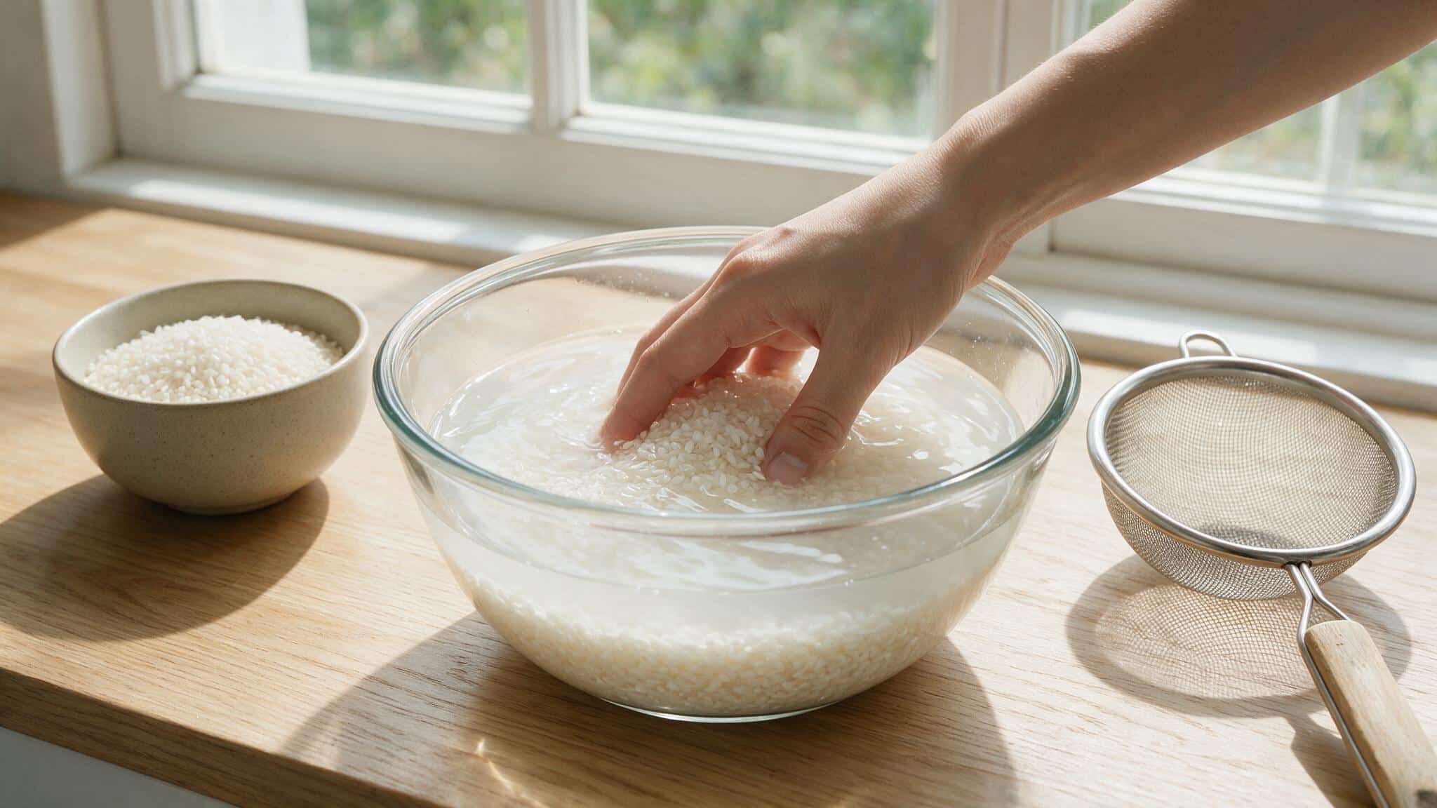 white rice soaking in water in a glass bowl showing the quick rice water preparation method for hair care