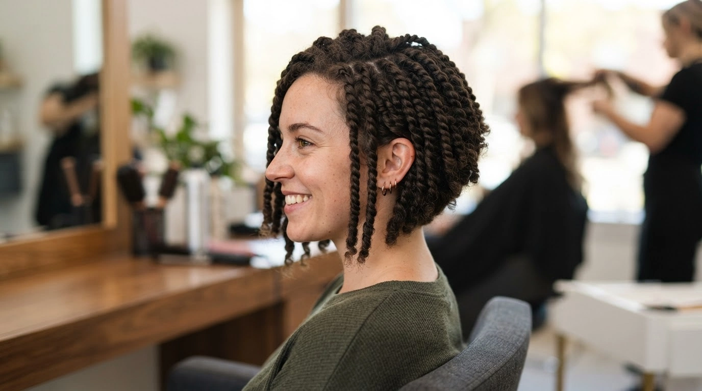 white woman showing angled kinky twist bob with textured hair in salon