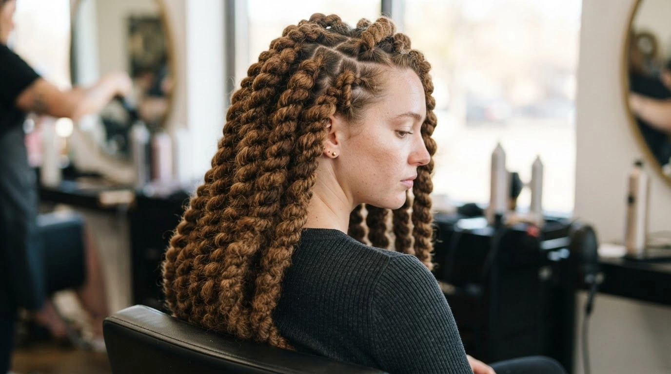 white woman showing oversized jumbo kinky twists in a realistic salon setting