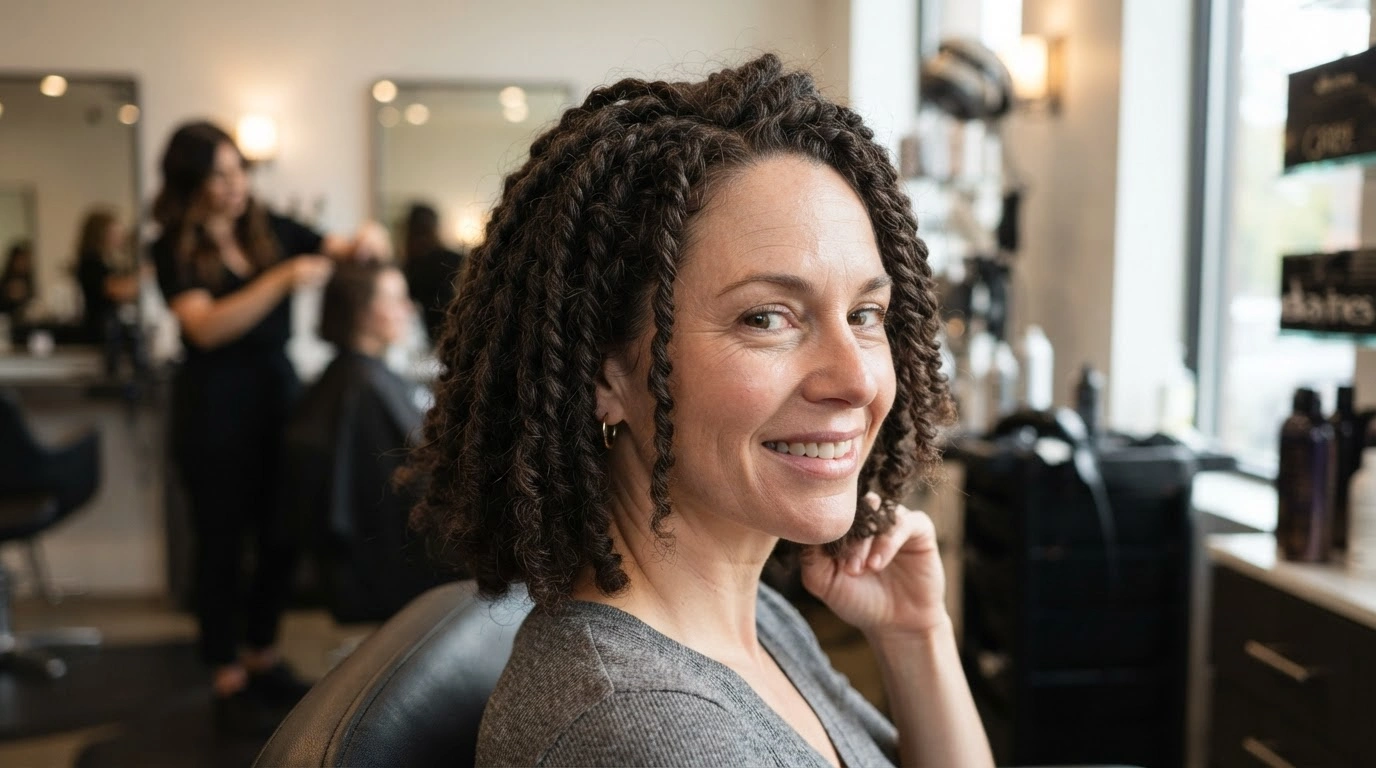 white woman showing short bob kinky twists with natural texture in a salon setting