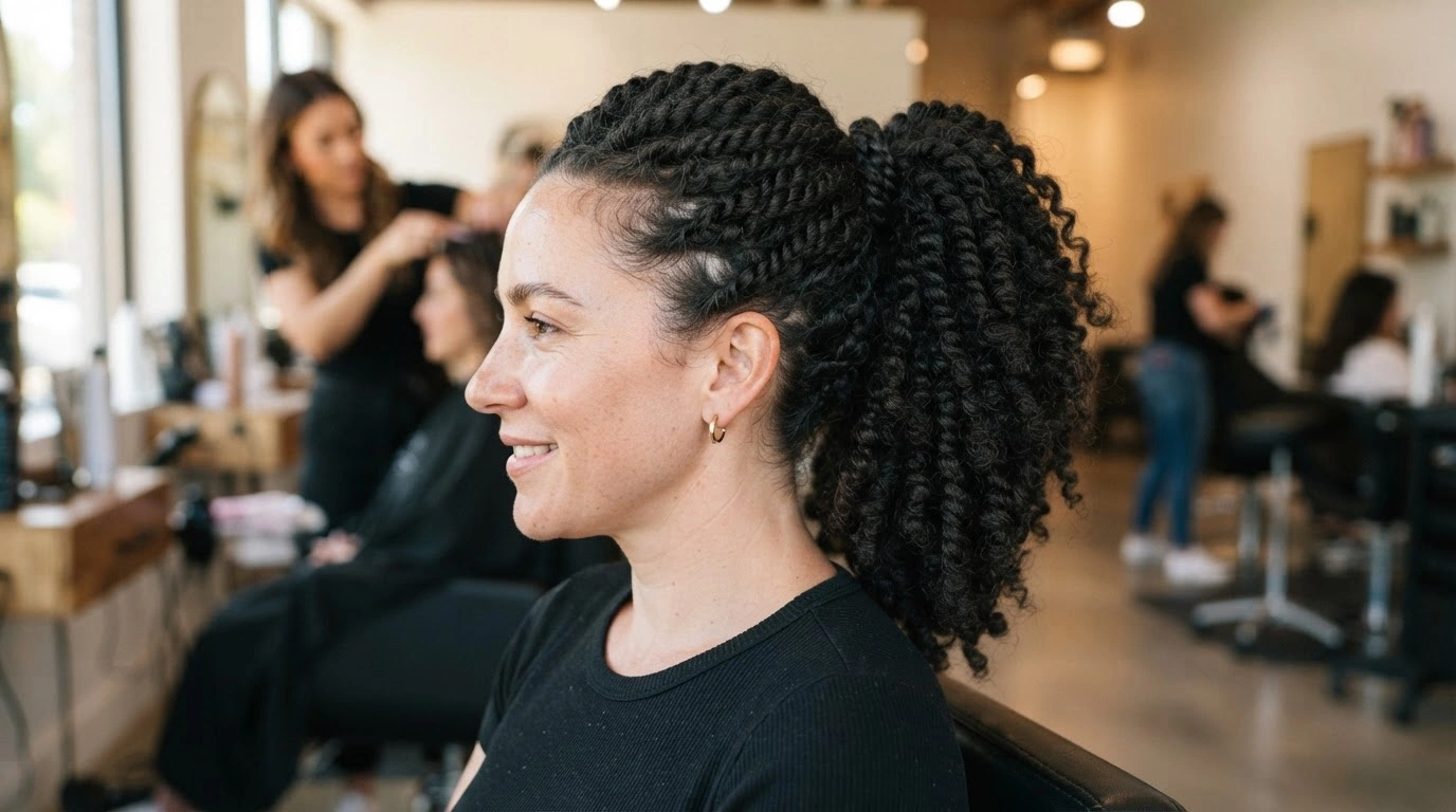 white woman wearing a kinky twist ponytail with natural texture in a salon setting