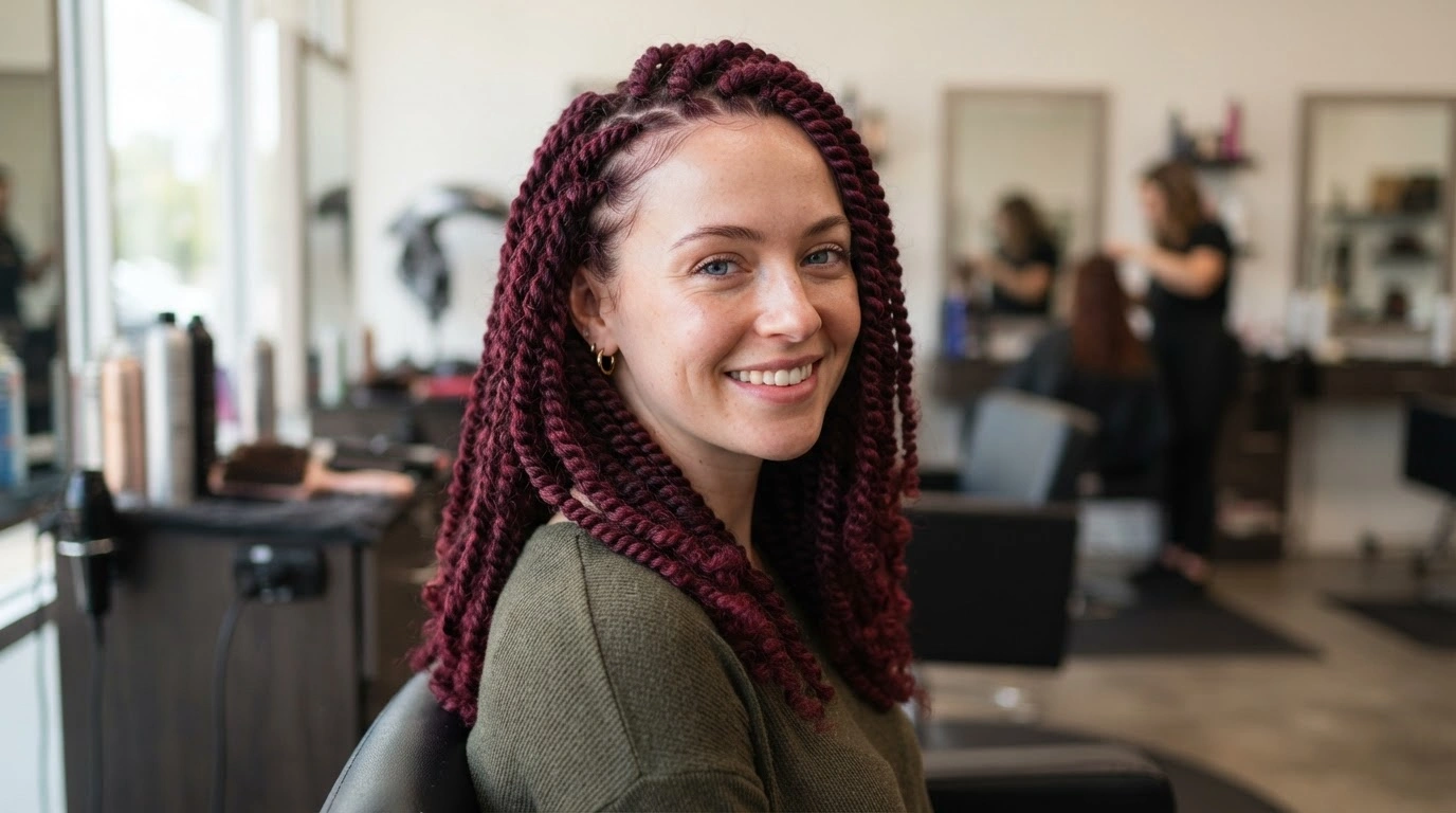 white woman wearing burgundy kinky twists with rich color in a simple salon setting