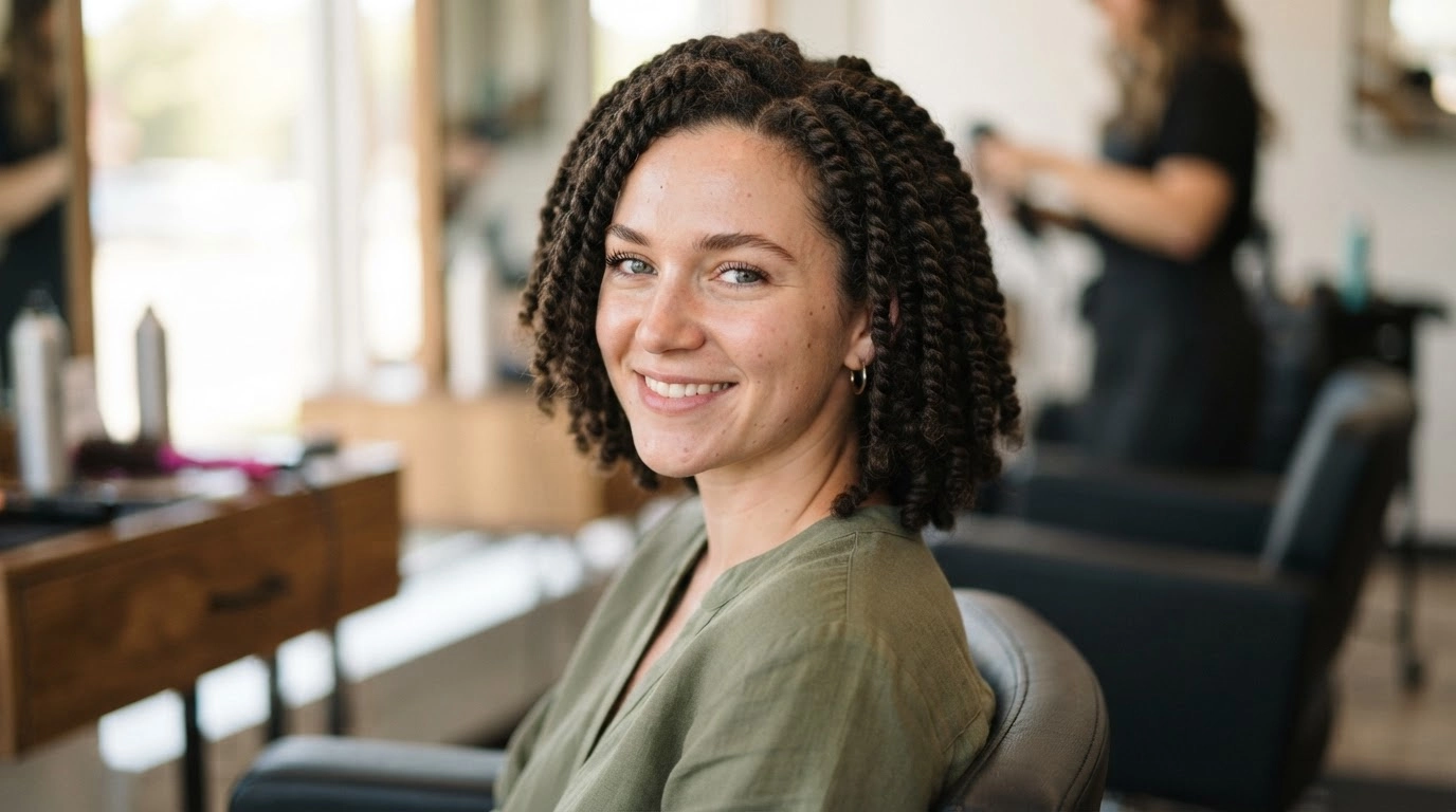 white woman wearing classic kinky twist bob hairstyle with natural salon look