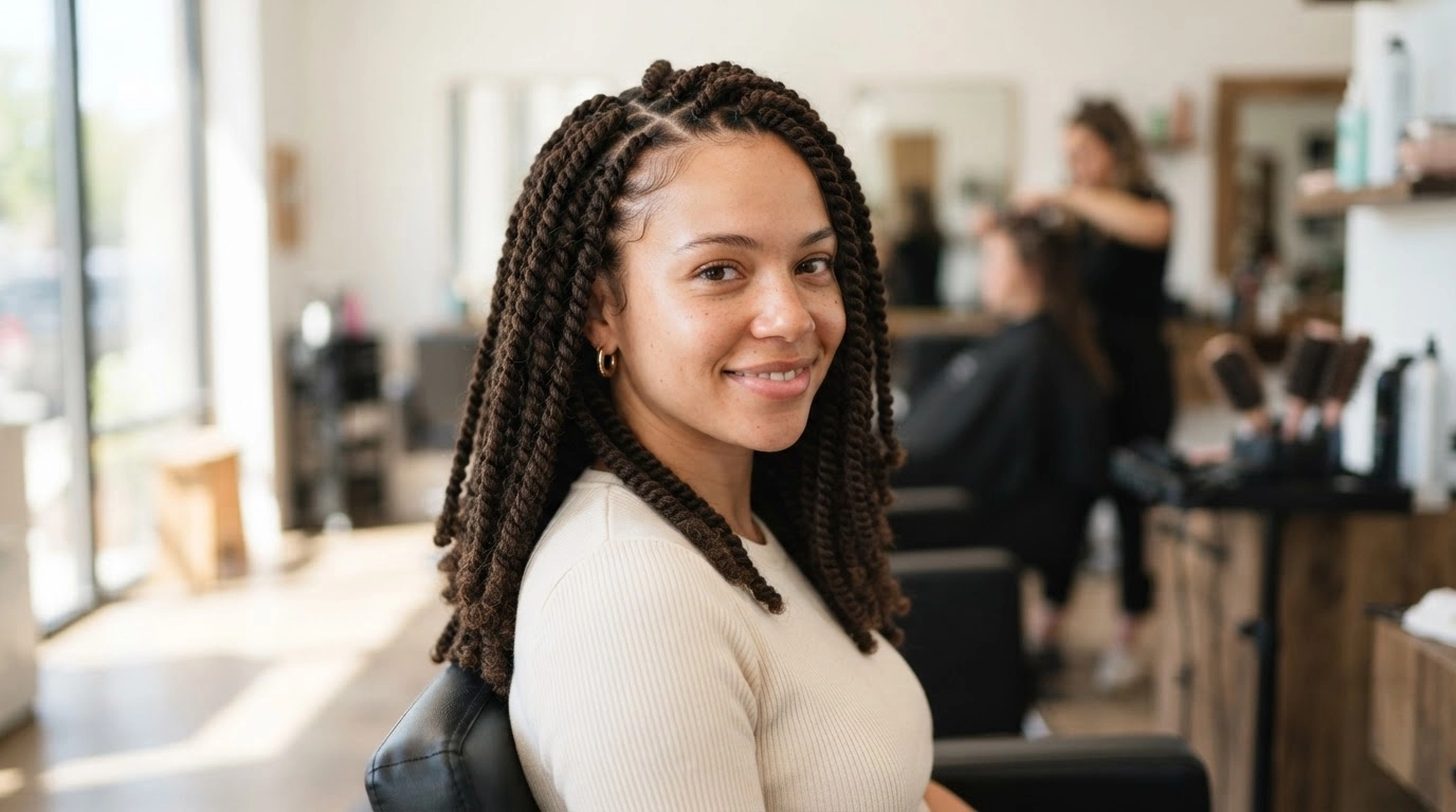 white woman wearing crochet kinky twists with natural finish in a salon setting