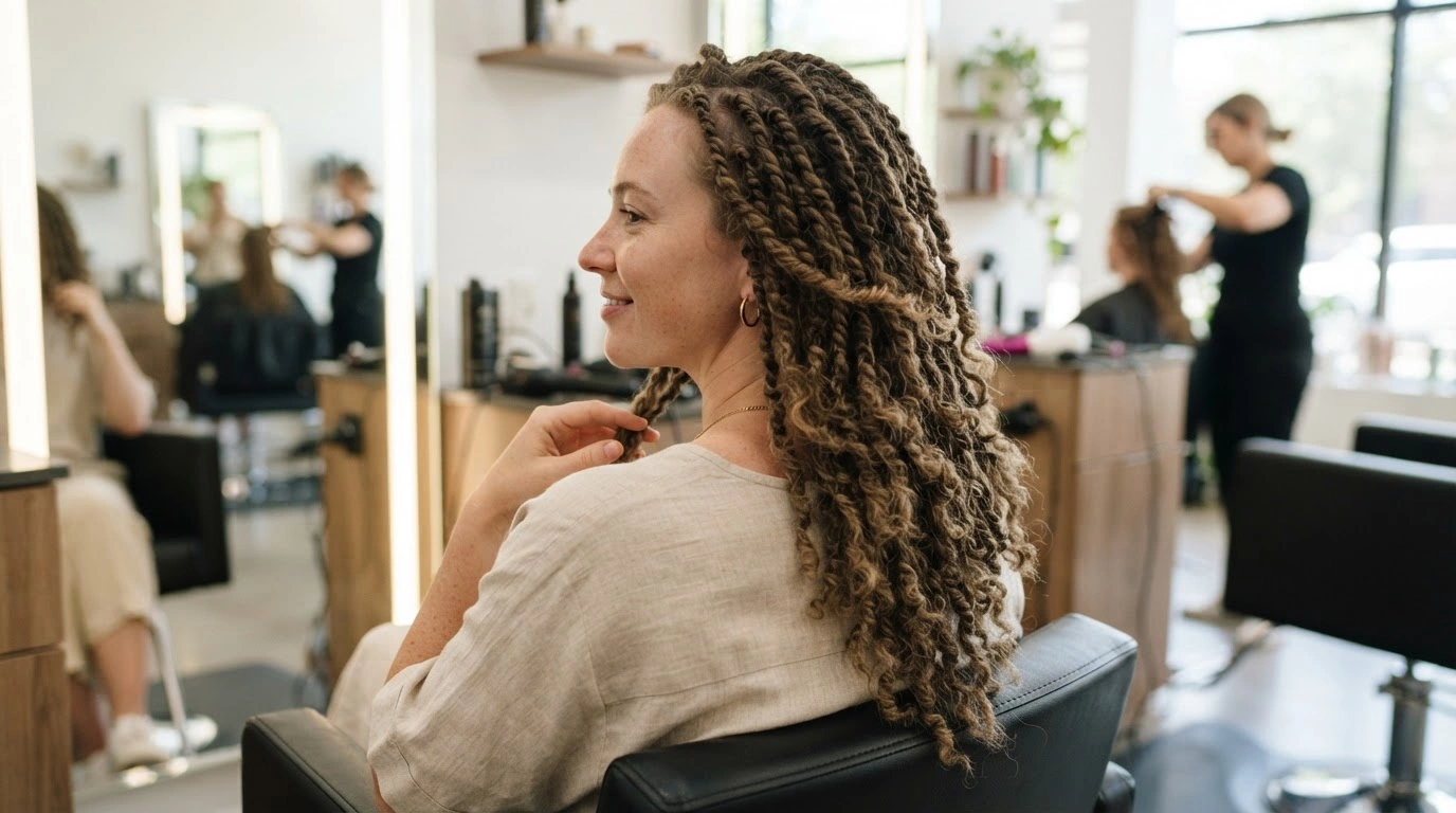 white woman wearing layered kinky twists with natural volume in salon