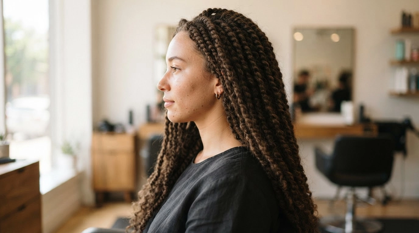 white woman wearing long kinky twists with realistic hair texture in a salon