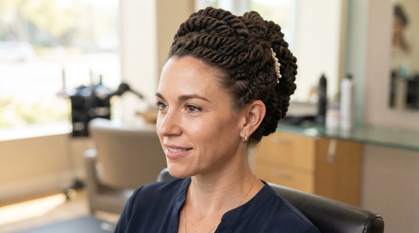 white woman with a formal kinky twist updo in a realistic salon environment