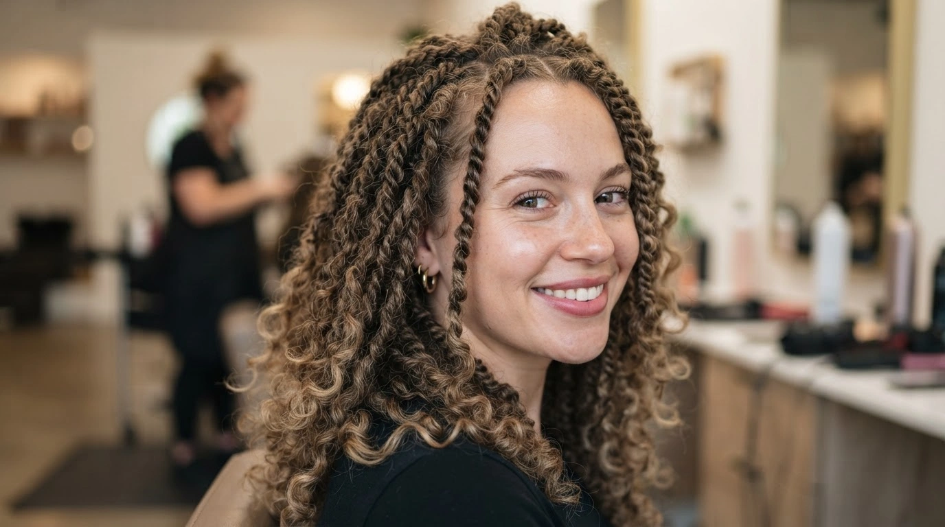 white woman with curly and wavy kinky twists in a realistic salon setting