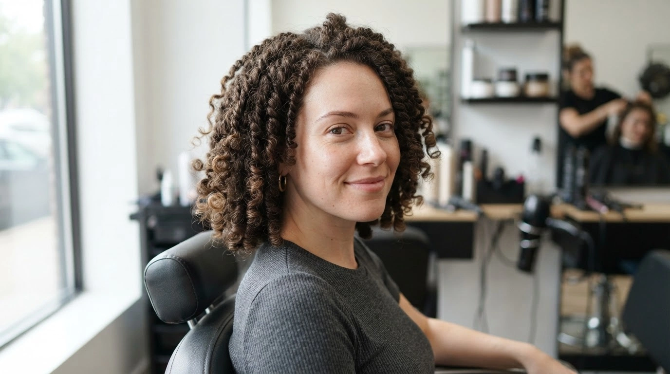 white woman with curly kinky twist bob showing soft textured hairstyle