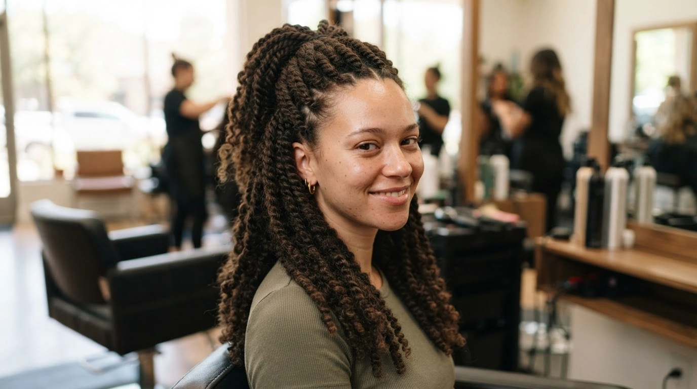 white woman with half-up half-down kinky twists in a clean salon setting