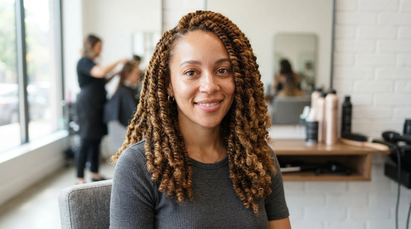 white woman with honey brown kinky twists and warm highlights in a salon setting