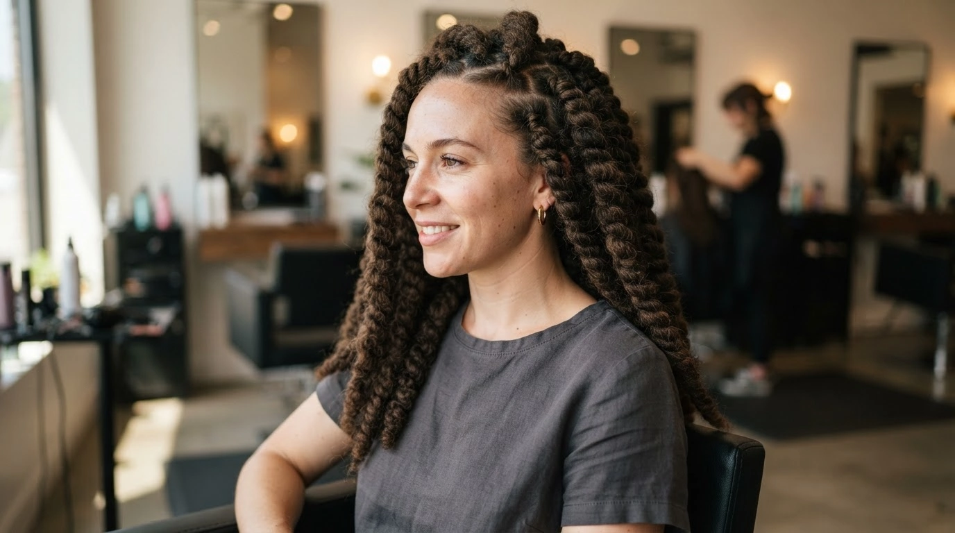 white woman with jumbo kinky twists showing bold textured sections in a salon setting