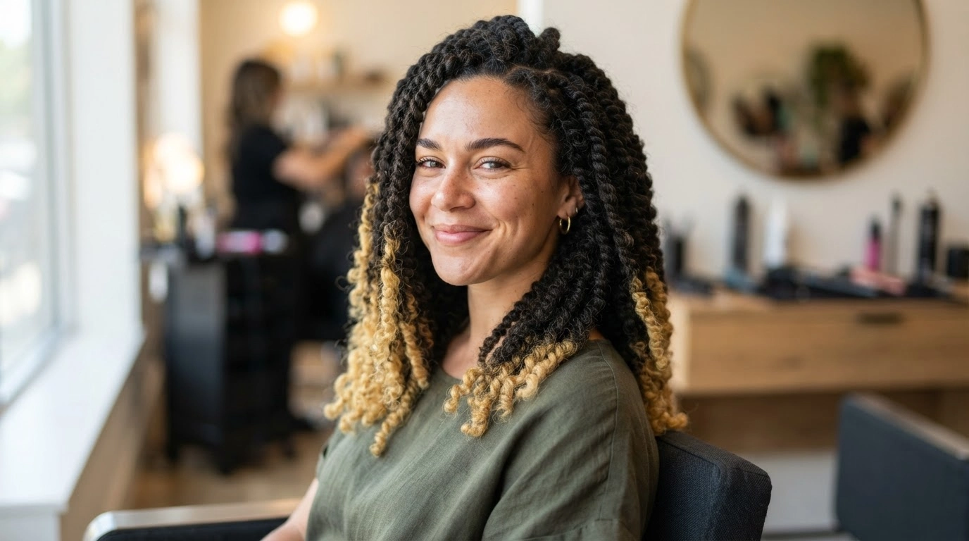 white woman with kinky twists and blonde tips in a realistic salon background