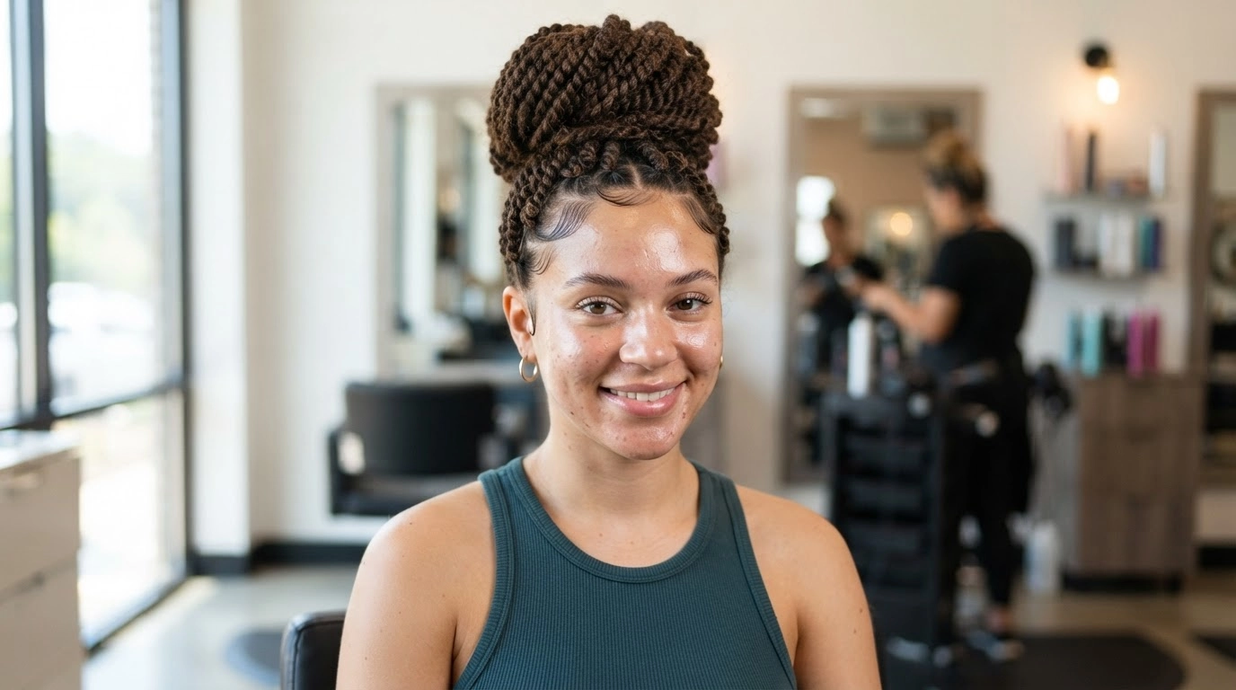 white woman with kinky twists styled in a high bun inside a simple salon setting